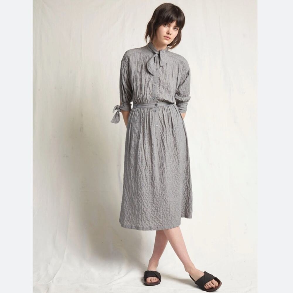 Warm Houndstooth Tie Neck Modal Silk Midi Retro Shirtdress Gray US 2/4